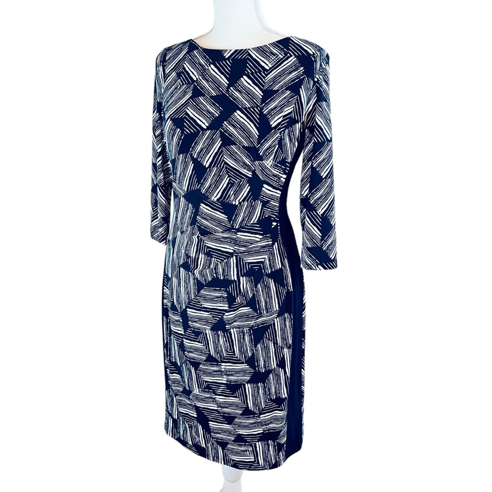 LAUREN Ralph Lauren Blue Print Knit‎ Dress Size 8 Long Sleeve Office Career Work